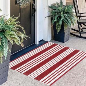 Red and White Striped Outdoor Rug 24'' x 35'' Door Mat Outdoor Machine Washable Welcome Mats Cotton Hand-Woven Entryway Rug for Front Porch/Entryway/Laundry/Bathroom/Bedroom