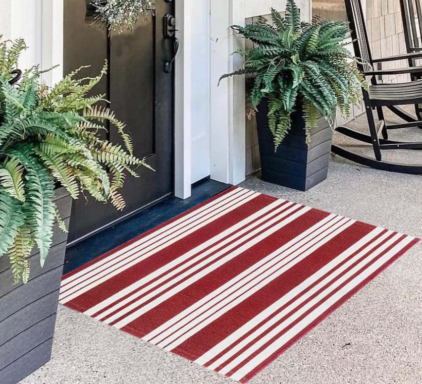 Red and White Striped Outdoor Rug 24'' x 35'' Door Mat Outdoor Machine Washable Welcome Mats Cotton Hand-Woven Entryway Rug for Front Porch/Entryway/Laundry/Bathroom/Bedroom