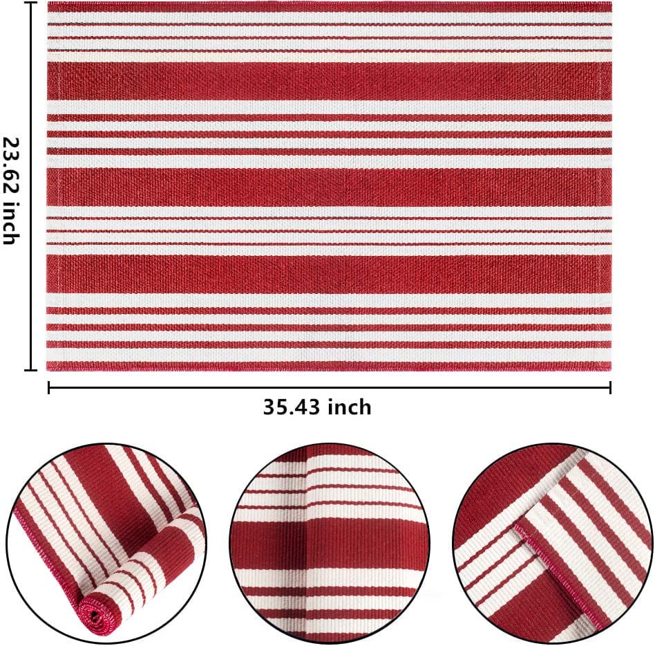 Red and White Striped Outdoor Rug 24'' x 35'' Door Mat Outdoor Machine Washable Welcome Mats Cotton Hand-Woven Entryway Rug for Front Porch/Entryway/Laundry/Bathroom/Bedroom