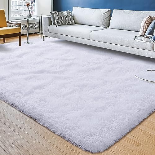 Przemy 5 x 8 Feet Large Living Room Rug, Soft Fluffy Shaggy Area Rugs for Bedroom, White Plush Throw Rug Fuzzy Carpets for Kids Room Girls Boys Dorm Nursery Indoor Home Decor