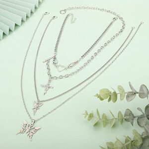 Chargances Punk Layered Butterfly and Heart Pendant Necklace Dainty Rose Flower Long Choker Silver Wing Collar Jewerly for Women and Girls