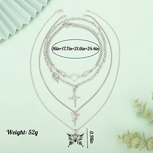 Chargances Punk Layered Butterfly and Heart Pendant Necklace Dainty Rose Flower Long Choker Silver Wing Collar Jewerly for Women and Girls