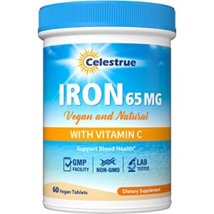 celestrue iron supplement, elemental iron 65 mg, with vitamin c, non-constipating, gentle on the stomach, once daily, vegan, red blood cell support, 60 tabs