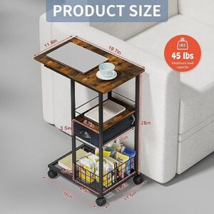 C Shaped Sofa Side Table: Couch End Table with Drawer - Bedside Table with Wheels - 19.7''L x 11.8''W x 28''H - C Mobile Tables with Storage Basket for Living Room Bedroom