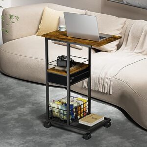 C Shaped Sofa Side Table: Couch End Table with Drawer - Bedside Table with Wheels - 19.7''L x 11.8''W x 28''H - C Mobile Tables with Storage Basket for Living Room Bedroom