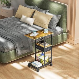 C Shaped Sofa Side Table: Couch End Table with Drawer - Bedside Table with Wheels - 19.7''L x 11.8''W x 28''H - C Mobile Tables with Storage Basket for Living Room Bedroom