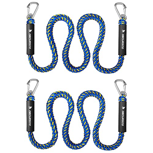 Obcursco Bungee Dock Line, Jet Ski Dock Line with Double 316 Stainless Steel Clips, Boat Snubber Docking Rope for PWC, Boat Accessories for Waverunner, Seadoo, Kayak, 2 Pack 4-5.5ft Yellow & Blue