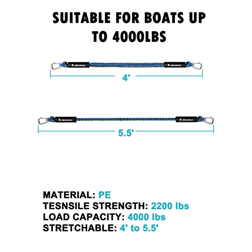 Obcursco Bungee Dock Line, Jet Ski Dock Line with Double 316 Stainless Steel Clips, Boat Snubber Docking Rope for PWC, Boat Accessories for Waverunner, Seadoo, Kayak, 2 Pack 4-5.5ft Yellow & Blue