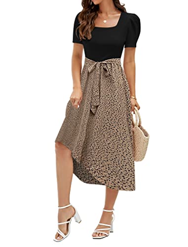 Miladusa Women Casual Midi Dress Square Neck Short Sleeve Modest Work Dress with Pockets