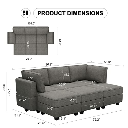 Belffin Sectional Sleeper Bed Modular Sectional Sleeper Sofa Convertible Sectional Couch Bed Set Grey