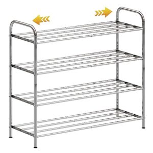skiken 4-tier expandable shoe rack, 100% stainless steel,4-rod extendable and adjustable feet, simple stretchable shoe shelf, small space shoe rack for entryway, stair sides, closet