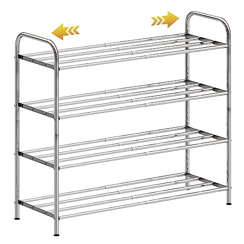 SKIKEN 4-Tier Expandable Shoe Rack, 100% Stainless Steel,4-Rod Extendable and Adjustable Feet, Simple Stretchable Shoe Shelf, Small Space Shoe Rack for Entryway, Stair Sides, Closet