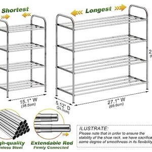 SKIKEN 4-Tier Expandable Shoe Rack, 100% Stainless Steel,4-Rod Extendable and Adjustable Feet, Simple Stretchable Shoe Shelf, Small Space Shoe Rack for Entryway, Stair Sides, Closet