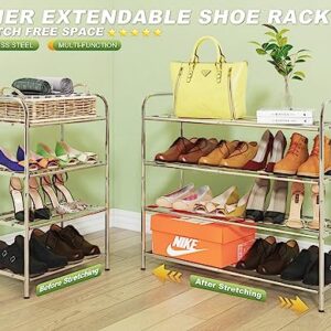 SKIKEN 4-Tier Expandable Shoe Rack, 100% Stainless Steel,4-Rod Extendable and Adjustable Feet, Simple Stretchable Shoe Shelf, Small Space Shoe Rack for Entryway, Stair Sides, Closet