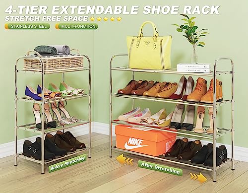 SKIKEN 4-Tier Expandable Shoe Rack, 100% Stainless Steel,4-Rod Extendable and Adjustable Feet, Simple Stretchable Shoe Shelf, Small Space Shoe Rack for Entryway, Stair Sides, Closet