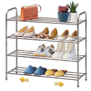 SKIKEN 4-Tier Expandable Shoe Rack, 100% Stainless Steel,4-Rod Extendable and Adjustable Feet, Simple Stretchable Shoe Shelf, Small Space Shoe Rack for Entryway, Stair Sides, Closet