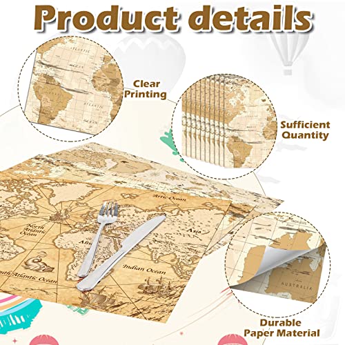 50 Disposable World Map Paper Placemats Vintage World Map for Old Paper Retro Style Decorative Travel Adventure Table Mat for Geography Learning Education Traveler Themed Crafts Dinner Party Decor