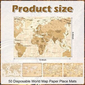 50 Disposable World Map Paper Placemats Vintage World Map for Old Paper Retro Style Decorative Travel Adventure Table Mat for Geography Learning Education Traveler Themed Crafts Dinner Party Decor