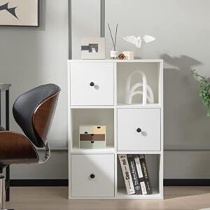 ifanny 6 cube bookcase, 3 tier bookshelf with drawers, wood storage shelves, modern display shelf, cubical book cases, small book shelf for bedroom, living room, home office (white)