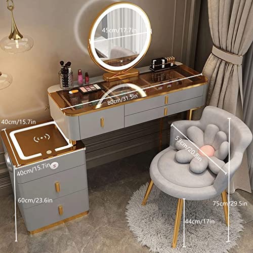 ENWEGEY Vanity Desk with Mirror and Lights, Makeup Vanity Table with Charging Station and Bluetooth Speaker, Dressing Table with USB Ports, Drawers and Chair, for Bedroom-Grey Gold (80cm/31.5in)