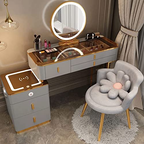 ENWEGEY Vanity Desk with Mirror and Lights, Makeup Vanity Table with Charging Station and Bluetooth Speaker, Dressing Table with USB Ports, Drawers and Chair, for Bedroom-Grey Gold (80cm/31.5in)