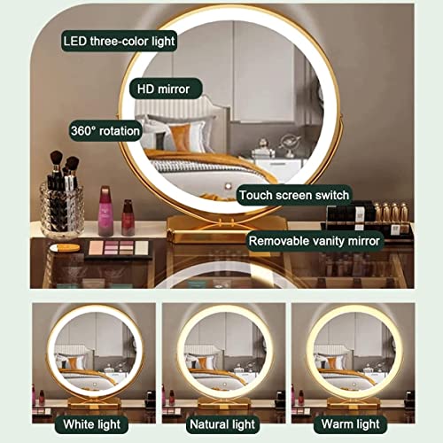 ENWEGEY Vanity Desk with Mirror and Lights, Makeup Vanity Table with Charging Station and Bluetooth Speaker, Dressing Table with USB Ports, Drawers and Chair, for Bedroom-Grey Gold (80cm/31.5in)