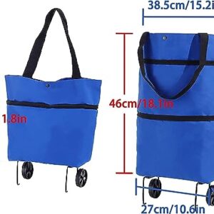 YASYU Foldable Shopping Bag with Wheels Folding Shopping Trolley Tote Bag on Wheels Collapsible Shopping Cart Bags 2 in 1 Reusable Grocery Bags Travel Bag (Blue)