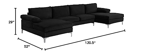Casa Andrea Milano Modern Large Velvet Fabric U-Shape Sectional Sofa, Double Extra Wide Chaise Lounge Couch, Black