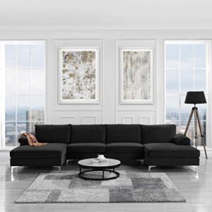 casa andrea milano modern large velvet fabric u-shape sectional sofa, double extra wide chaise lounge couch, black