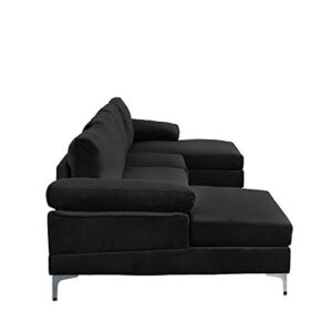 Casa Andrea Milano Modern Large Velvet Fabric U-Shape Sectional Sofa, Double Extra Wide Chaise Lounge Couch, Black