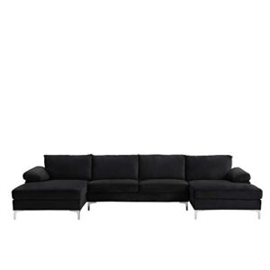 Casa Andrea Milano Modern Large Velvet Fabric U-Shape Sectional Sofa, Double Extra Wide Chaise Lounge Couch, Black