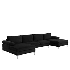 Casa Andrea Milano Modern Large Velvet Fabric U-Shape Sectional Sofa, Double Extra Wide Chaise Lounge Couch, Black