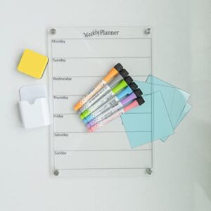 acrylic weekly planner for fridge - clear dry erase board for fridge with 6 colorful markers, marker holder & reusable sticky notes - refridgerator weekly calendar planner - 9 x 13 inches