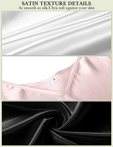 3 Pack Women's Silk Nightgown, Satin Sleepwear Adjustable Spaghetti Strap Nightwear Chemise V Neck Slip Dress (Black, White, Pink, Small)