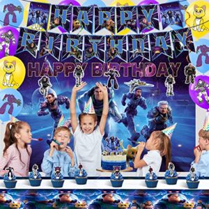 Birthday Party Supplies Decorations Include Backdrop, Happy Birthday Banner, Tableware Set, Tablecloth, Cake Toppers, Cupcake Toppers, Foil Balloons, Latex Balloons Set, Stickers Sets, Birthday Swirls