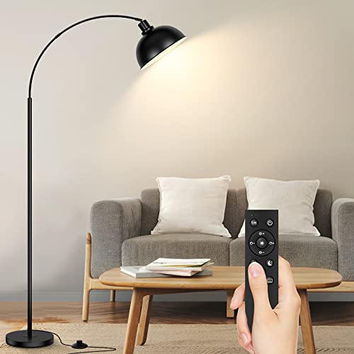 Arc Floor Lamps for Living Room, Modern Tall Standing Lamp Remote Control,Stepless Dimmable Black Floor Lamp with Hanging Dome Shade, Over Couch Arched Reading Lamp for Bedroom, Office (Bulb Included)