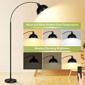 Arc Floor Lamps for Living Room, Modern Tall Standing Lamp Remote Control,Stepless Dimmable Black Floor Lamp with Hanging Dome Shade, Over Couch Arched Reading Lamp for Bedroom, Office (Bulb Included)