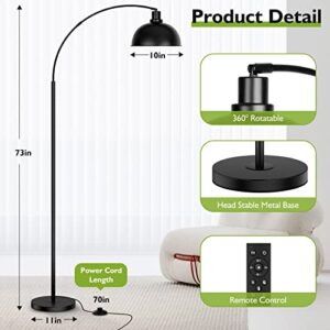 Arc Floor Lamps for Living Room, Modern Tall Standing Lamp Remote Control,Stepless Dimmable Black Floor Lamp with Hanging Dome Shade, Over Couch Arched Reading Lamp for Bedroom, Office (Bulb Included)