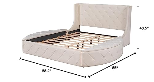 YUNLife&Home Upholstered Queen Size Platform Storage Bed with Wingback Headboard, 1 Big Drawer and 2 Side Storage Stool, Velvet Upholstered Bed Frame, Wooden Bed Frame, No Box Spring Needed