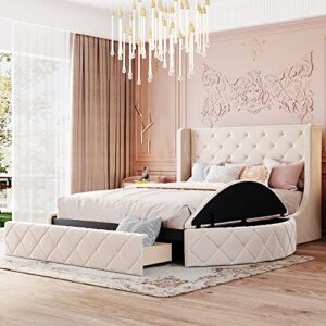 yunlife&home upholstered queen size platform storage bed with wingback headboard, 1 big drawer and 2 side storage stool, velvet upholstered bed frame, wooden bed frame, no box spring needed