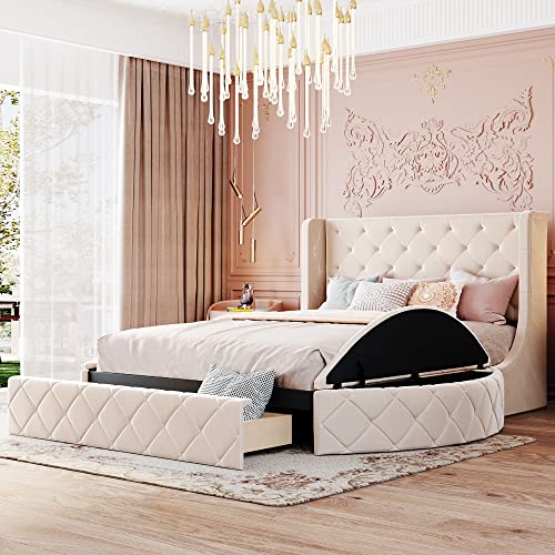 YUNLife&Home Upholstered Queen Size Platform Storage Bed with Wingback Headboard, 1 Big Drawer and 2 Side Storage Stool, Velvet Upholstered Bed Frame, Wooden Bed Frame, No Box Spring Needed