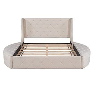 YUNLife&Home Upholstered Queen Size Platform Storage Bed with Wingback Headboard, 1 Big Drawer and 2 Side Storage Stool, Velvet Upholstered Bed Frame, Wooden Bed Frame, No Box Spring Needed