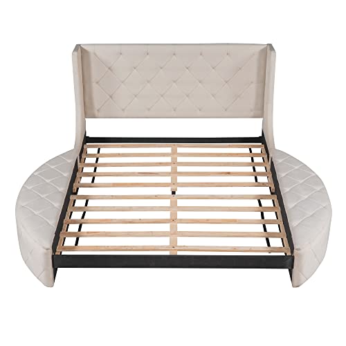 YUNLife&Home Upholstered Queen Size Platform Storage Bed with Wingback Headboard, 1 Big Drawer and 2 Side Storage Stool, Velvet Upholstered Bed Frame, Wooden Bed Frame, No Box Spring Needed