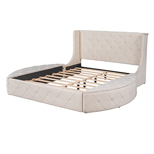 YUNLife&Home Upholstered Queen Size Platform Storage Bed with Wingback Headboard, 1 Big Drawer and 2 Side Storage Stool, Velvet Upholstered Bed Frame, Wooden Bed Frame, No Box Spring Needed