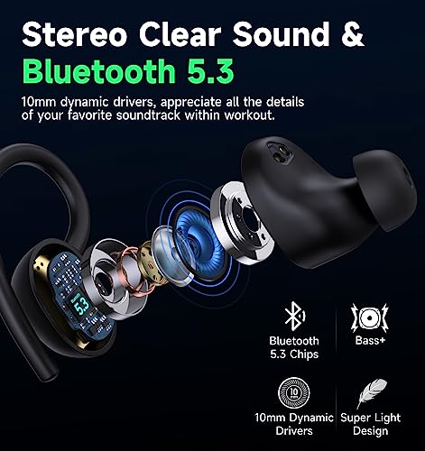 KORSKR Wireless Earbuds Bluetooth 5.3 Ear Buds 42Hrs Playtime Bluetooth Headphones with Charging Case Stereo Bass Over-Ear Earphones with Earhooks Built-in Mic Waterproof Headset for Sports Black