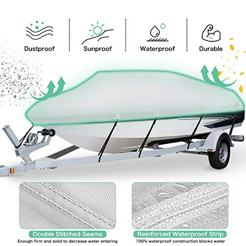 HAHASOLE Heavy Duty 800D PU Waterproof Boat Cover, 14'- 16' Trailerable Marine Grade Polyester Canvas, Fits 14-16ft V-Hull, Runabout, Fishing Boat, Tri-Hull, Pro-Style Bass Boat with Tightening Strap