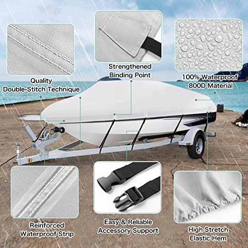 HAHASOLE Heavy Duty 800D PU Waterproof Boat Cover, 14'- 16' Trailerable Marine Grade Polyester Canvas, Fits 14-16ft V-Hull, Runabout, Fishing Boat, Tri-Hull, Pro-Style Bass Boat with Tightening Strap