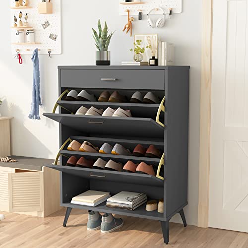 AWQM Shoe Cabinet for Entryway, Modern Free Standing Shoe Storage Cabinets, Wooden Slim Shoe Organizer Cabinet for Entryway, Hallway - Grey (Men's 8.5)