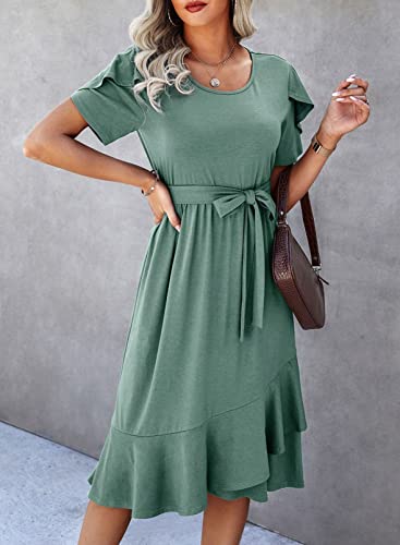 Dokotoo Womens 2023 Summer Spring Dresses Casual Wrap Round Neck Short Puff Sleeve Belt A-Line Ruffle Hem Formal Midi Dress Green Large