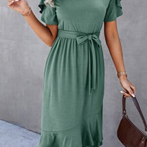 Dokotoo Womens 2023 Summer Spring Dresses Casual Wrap Round Neck Short Puff Sleeve Belt A-Line Ruffle Hem Formal Midi Dress Green Large